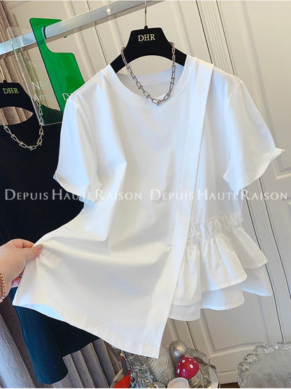 Loose Fit Pure Cotton Short Sleeve T-Shirt Women Summer Fashionable Casual Top Large Size 200 Pounds Asymmetrical Layering