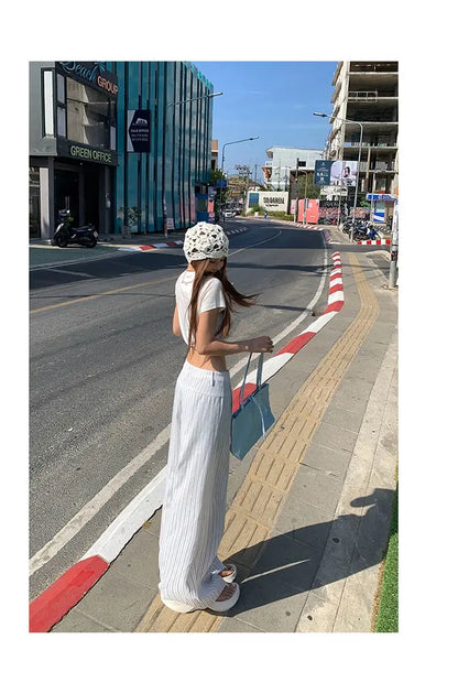 High-waist loose wide-leg pants, spring and summer new drawstring vertical striped versatile straight-leg casual pants for women