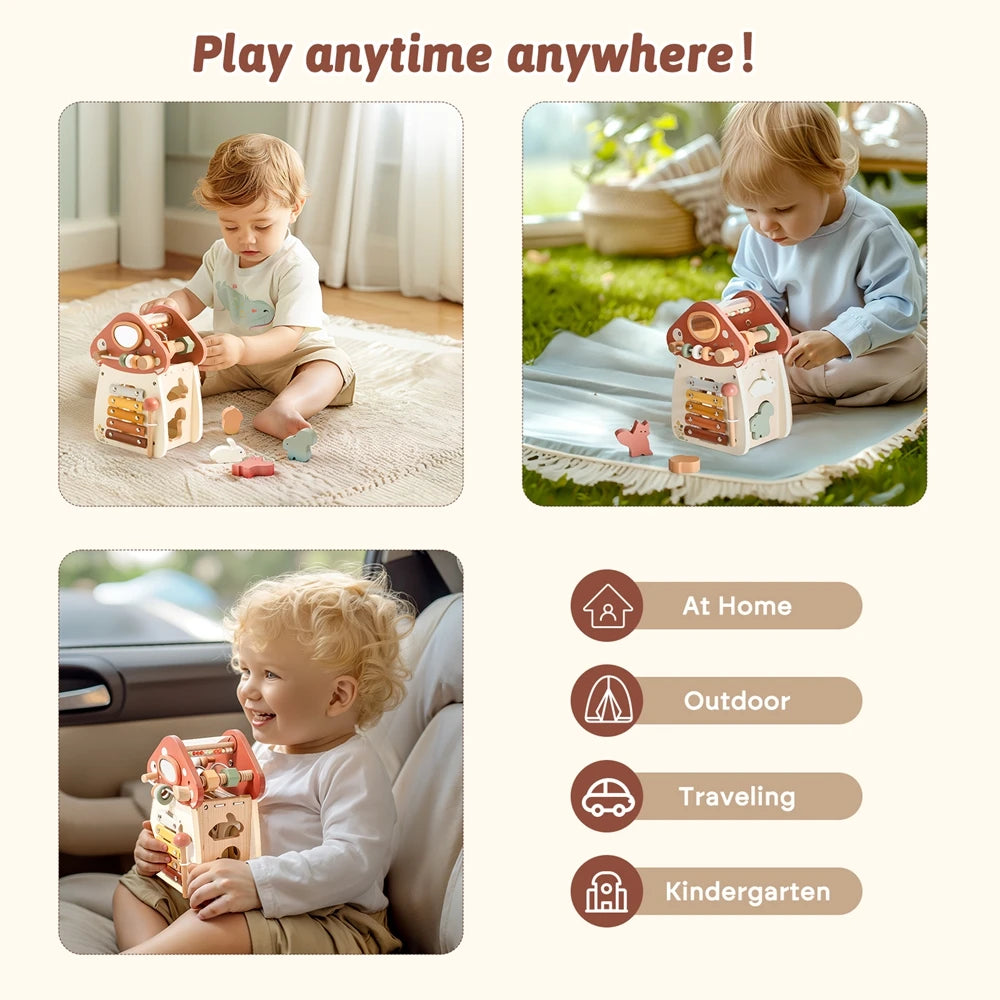 Baby Wooden Block Educational Wooden Building Block Mix Puzzle Toys Mushroom Five in One Table Toys Multifunctional Busy Toys