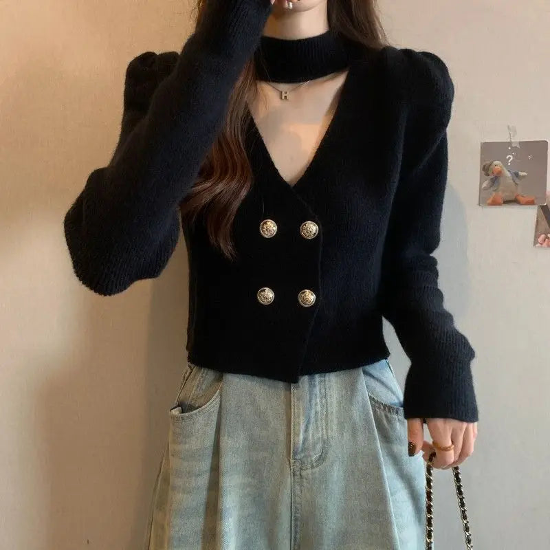 Elegant V-Neck Bubble Sleeve Knitwear Short Top Fashion Trend Neck Hanging Style Girl's French Style Slim Fit Long Sleeve Autumn