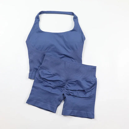 Women's Halter Neck Backless Yoga Set Seamless 2-Piece Outfit Ribbed High-Waist Scrunch Shorts Butt Lifting Gym Pilates Fitness