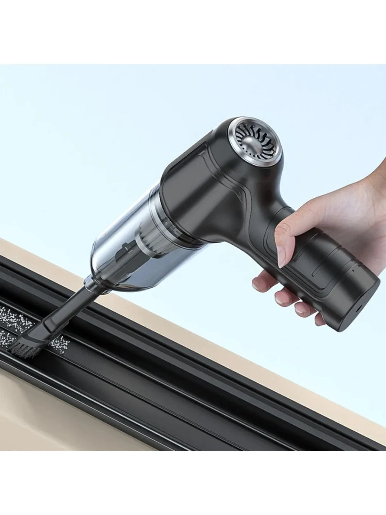 Handheld vacuum cleaner with integrated suction and blowing functions, ideal for cleaning cars, homes, offices, and pet areas.