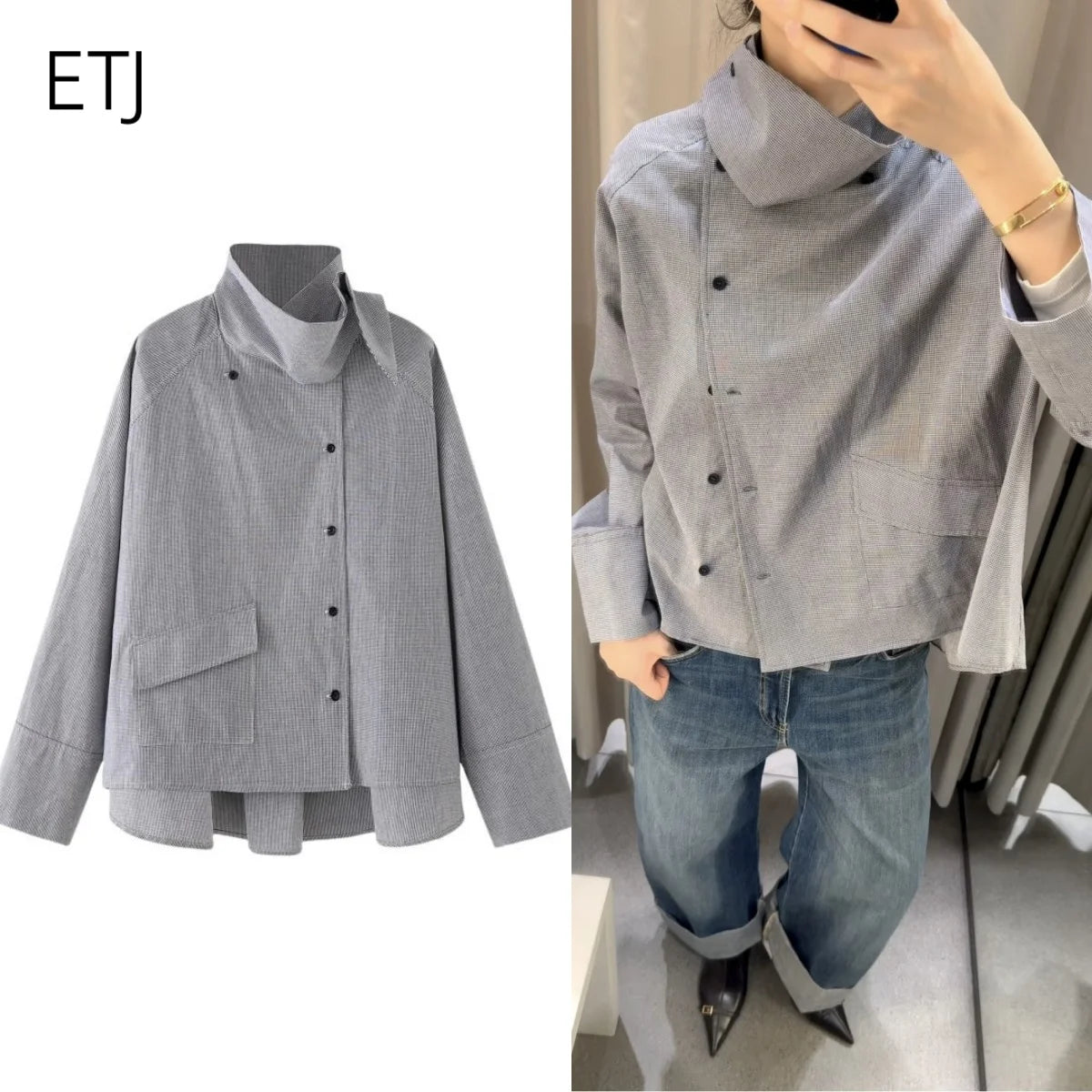 ETJ 2026 New Women's Designer Cotton High Neck Shirt Jacket Oversized Long Sleeve Minimalist Style Outerwear Top