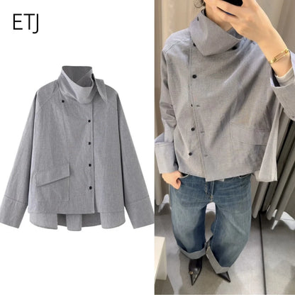 ETJ 2026 New Women's Designer Cotton High Neck Shirt Jacket Oversized Long Sleeve Minimalist Style Outerwear Top