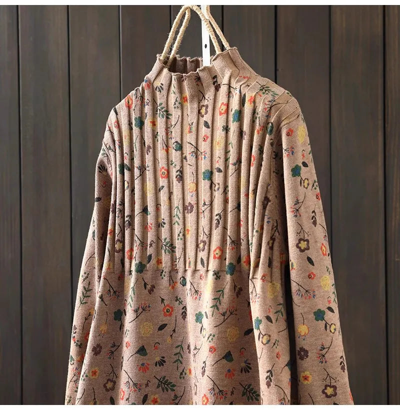 Retro Print Loose Knitted Dress Half High Collar Base Layer Skirt Autumn Winter Long Straight A-Line Dress for Women