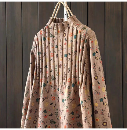 Retro Print Loose Knitted Dress Half High Collar Base Layer Skirt Autumn Winter Long Straight A-Line Dress for Women