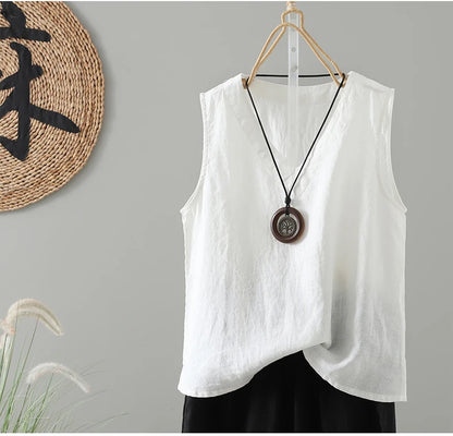 Slimming Pure Color Cotton Linen Lightweight Sleeveless round Neck Inner Wear Large Size Women's Fashionable Versatile Top