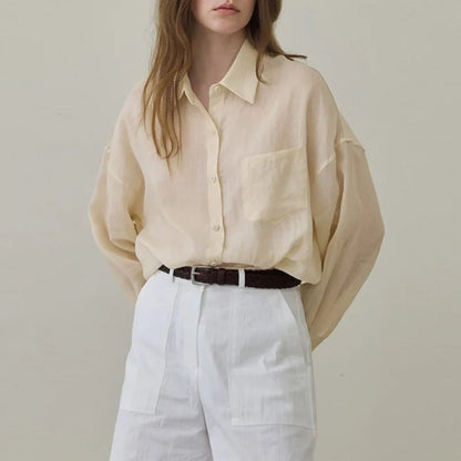 100% Ramie Thin Breathable Women Shirt Chic French Lapel Single-Breasted Cardigan Ladies Loose Simple Long-Sleeved Shirts