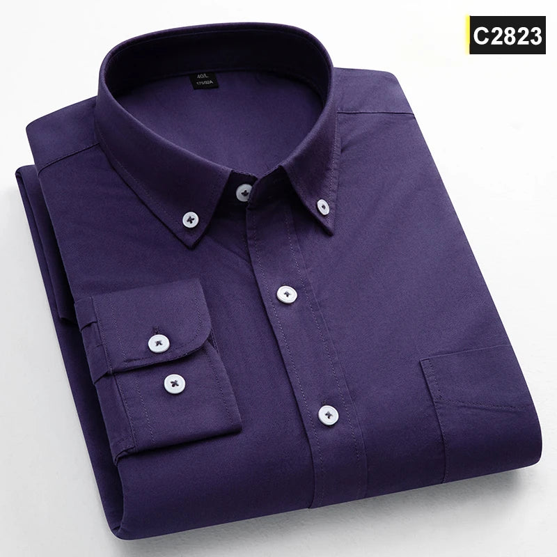 Classic Fit Fashion 100% Cotton Long-Sleeve Shirt for Men Single Pocket Slim Fit Casual Top Soft Oxford Solid Color Office Cloth