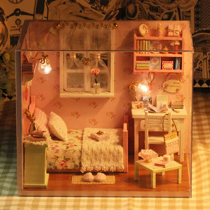 DIY Wooden Miniature Dollhouse Model Kits 3D Puzzle Doll Houses with Furniture Bedroom Handmade Assembly Toy for Birthday Gifts