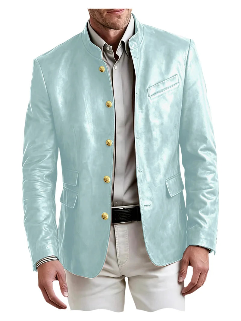 Men's Stand Collar Leather Blazer Slim Fit Single Breasted Golden Metal Buttons Multi Pocket Coat For Business Wedding Daily