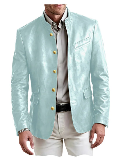 Men's Stand Collar Leather Blazer Slim Fit Single Breasted Golden Metal Buttons Multi Pocket Coat For Business Wedding Daily