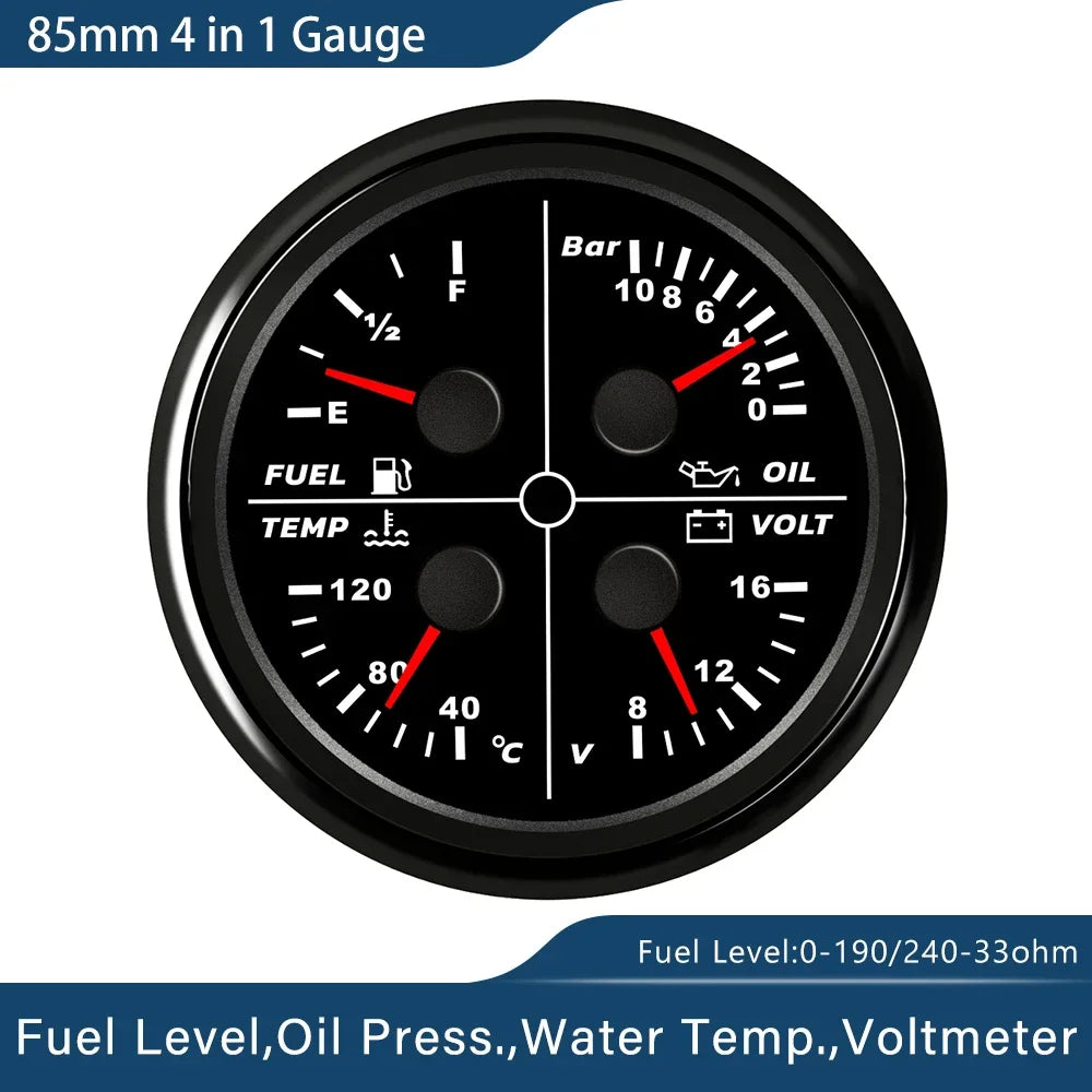 ELING Waterproof Auto Marine 85mm 4 in 1 Gauge Oil Pressure Water Temp Fuel Level Voltmeter for Motorcycle 8-16V