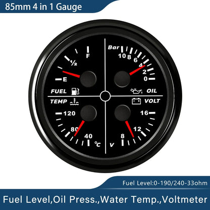 ELING Waterproof Auto Marine 85mm 4 in 1 Gauge Oil Pressure Water Temp Fuel Level Voltmeter for Motorcycle 8-16V