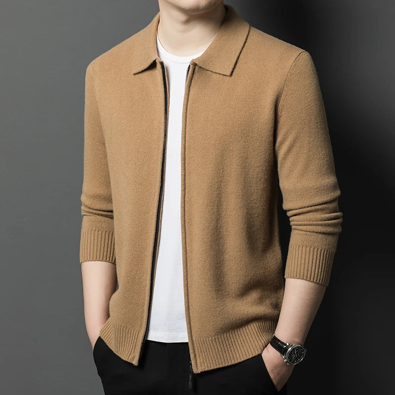 Spring and Autumn Pure Cashmere Cardigan Men's New Casual Lapel Solid Color Zipper Men's Thickened Sweater Jacket