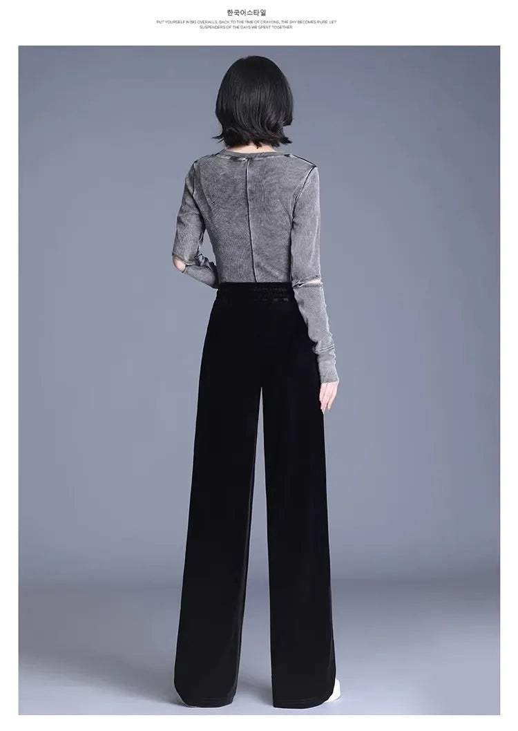 Slim Fit Velvet Wide Leg Pants Winter New Style plus Size Warm Fleece High Waist Elastic Korean Velvet Pants for Women