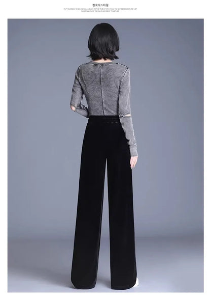 Slim Fit Velvet Wide Leg Pants Winter New Style plus Size Warm Fleece High Waist Elastic Korean Velvet Pants for Women