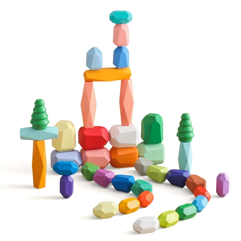 Wooden Sorting Stacking Rocks Stones Sensory Toddler Toys Learning Montessori Toys Building Blocks Game for Kids Birthday Gifts