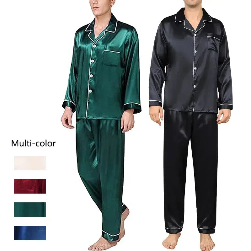 New Plus Size Solid Color Long Sleeve Pajamas Men's Artificial Silk Sleepwear Student Loungewear Cardigan Lapel Nightwear Set