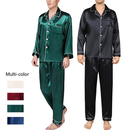 New Plus Size Solid Color Long Sleeve Pajamas Men's Artificial Silk Sleepwear Student Loungewear Cardigan Lapel Nightwear Set