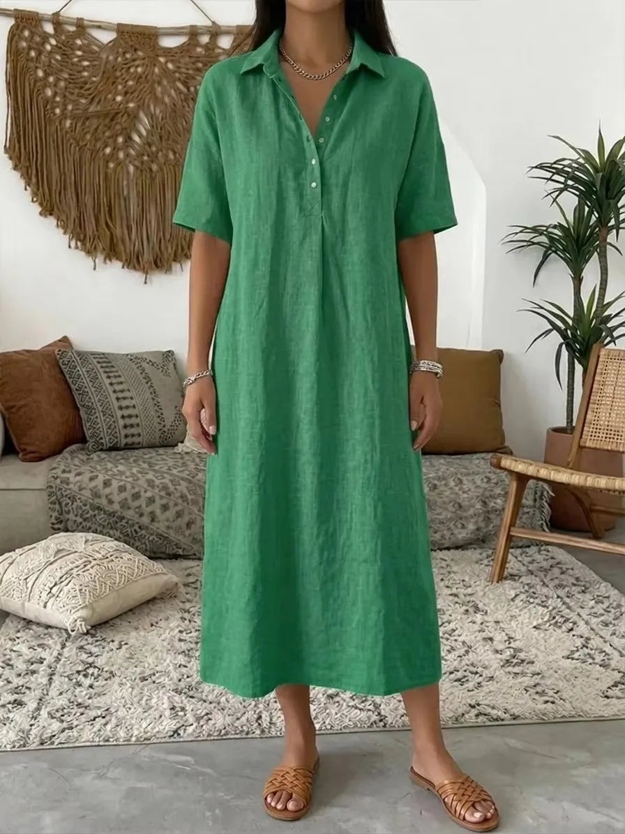 2026 Women's New Casual Straight-Cut Comfortable Polo-Neck Linen Short-Sleeve Dress
