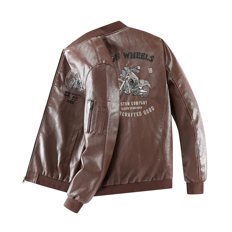 Leather Jacket Men's Baseball Collar Fleece Lined Thick Loose Casual Trendy Motorcycle Clothes Jacket Embroidered Outerwear