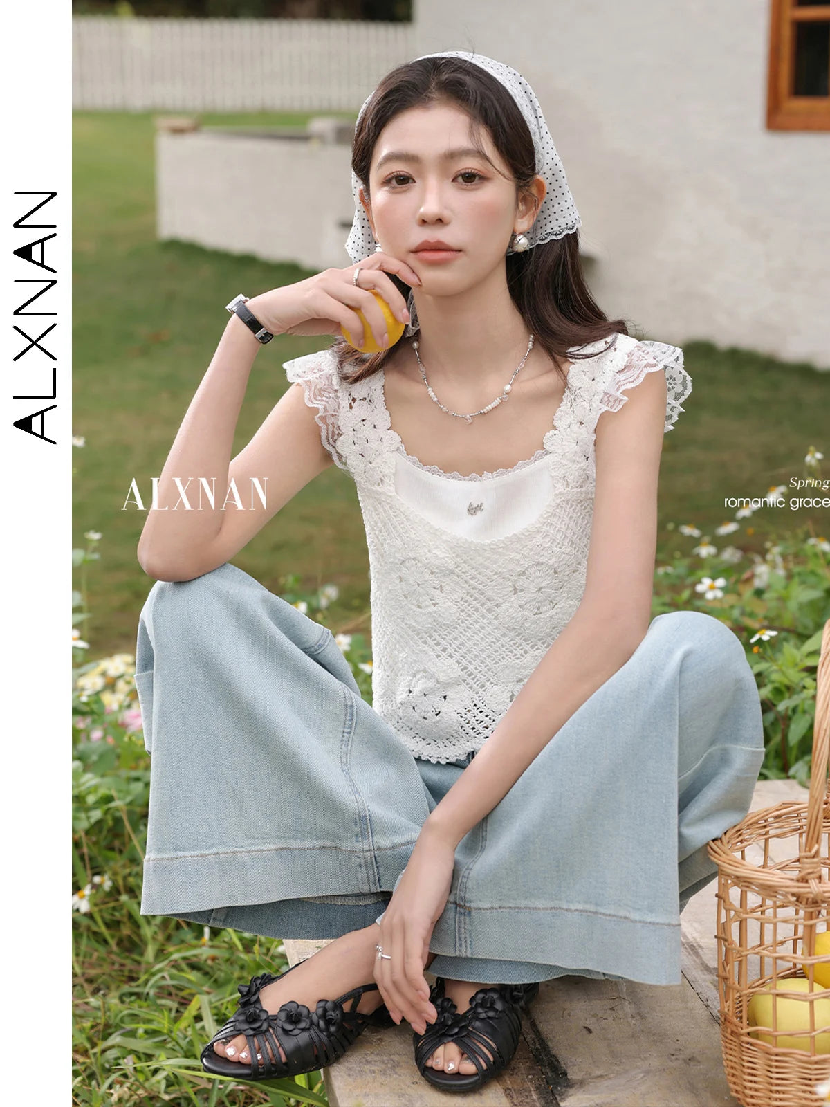 ALXNAN White Tank Tops 2026 Summer Elegant Cotton Women's Camisole Lace Fake Two-piece Design Chic Sleeveless Tops Ladies L53815