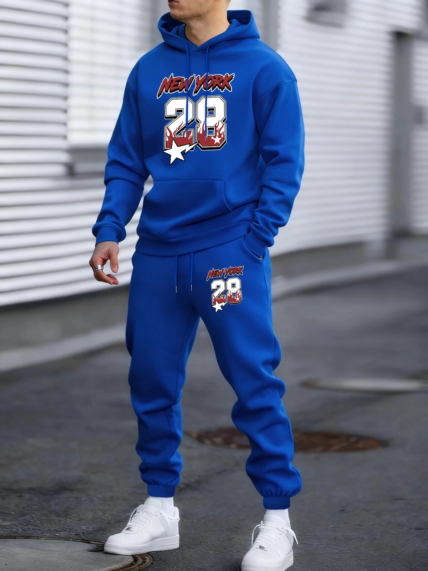 New York 28 Printed Winter Fleece Commute Men Hoodies Pants 2 Piece Set Loose Jogging Sweatpant Basic All-Match Sportswears