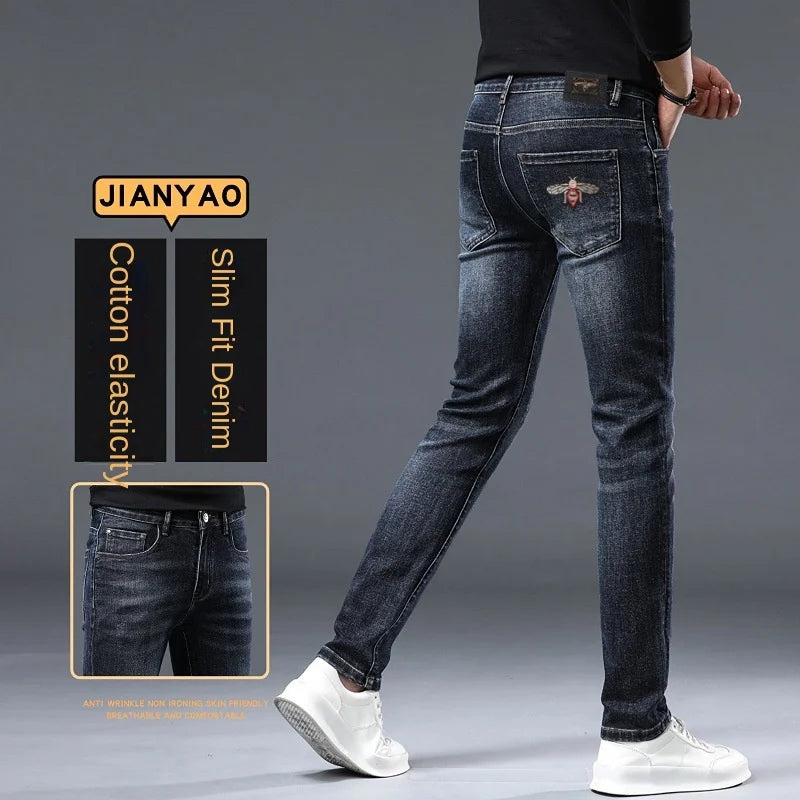 Autumn and Winter Thick Jeans for Men 2024 New Embroidered Fashion Elastic Slim Fit High-End Men's Clothing Denim Trousers