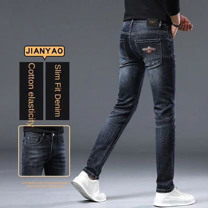 Autumn and Winter Thick Jeans for Men 2024 New Embroidered Fashion Elastic Slim Fit High-End Men's Clothing Denim Trousers