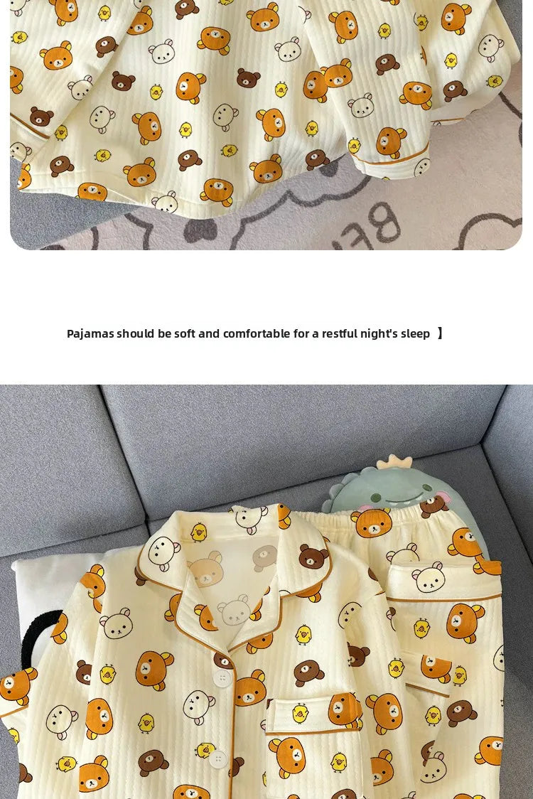 Thickened Air Cotton Sleepwear Set for Women Lazy Bear Cartoon Design Long Sleeve Long Pants Home Clothes Autumn Winter