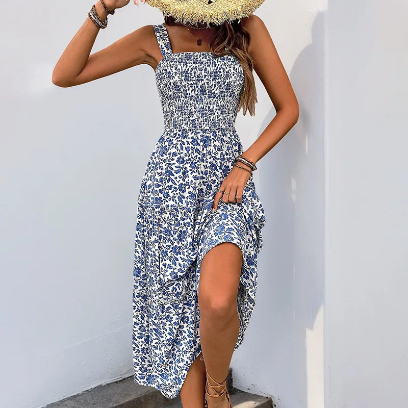 Women's Floral Maxi Dress Summer Square Neck Strappy Backless Smocked Bodice High Waist Long Dress Vacation Beach Outfit 2026