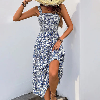Women's Floral Maxi Dress Summer Square Neck Strappy Backless Smocked Bodice High Waist Long Dress Vacation Beach Outfit 2026