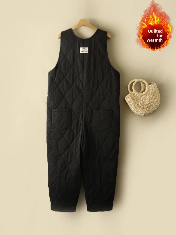 Warm Cotton Lined Pants Large Size Women's Clothing Anti-Aging One-Piece Suit Sleeveless Buckle round Neck Overall Pants