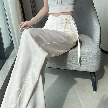 High Waist Loose Straight Pants with Button Knot Pocket New Chinese Style Satin Wide Leg Pants Spring Summer Trousers Pink Black