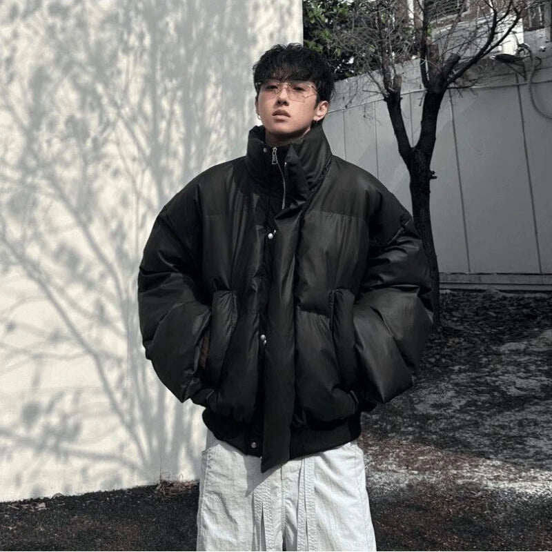 Outdoor Water-Resistant Men's Winter Short Puffer Jacket - Black (Khaki/Beige) M-4XL | PU Leather Trim | Boxy Cropped Fit