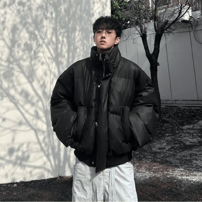 Outdoor Water-Resistant Men's Winter Short Puffer Jacket - Black (Khaki/Beige) M-4XL | PU Leather Trim | Boxy Cropped Fit