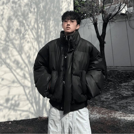 Outdoor Water-Resistant Men's Winter Short Puffer Jacket - Black (Khaki/Beige) M-4XL | PU Leather Trim | Boxy Cropped Fit