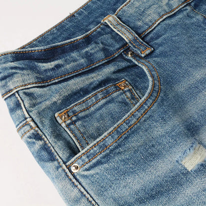 Men's Fashion Slim Fit Jeans Light Blue High Street Hip-Hop Brand Pan Perforated Patch Washed Nostalgic Elastic