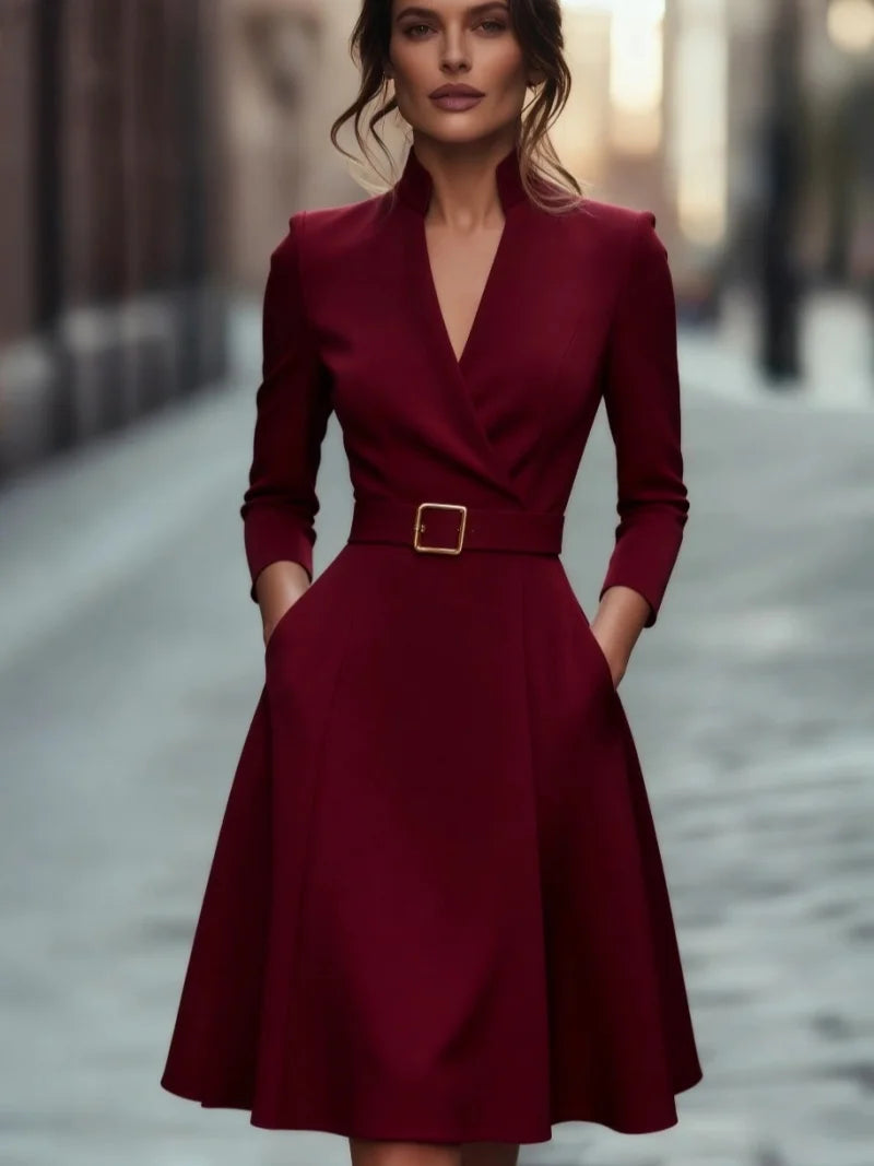 Autumn and winter temperament commuting waist slimming V-neck long-sleeved A-shaped medium-long belt skirt for women