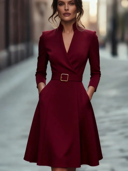Autumn and winter temperament commuting waist slimming V-neck long-sleeved A-shaped medium-long belt skirt for women
