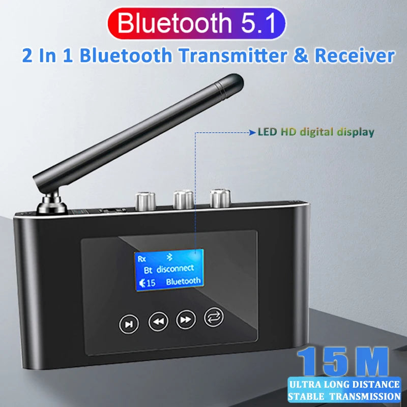 New 2 in 1 Long Range Bluetooth 5.1 Audio Transmitter Receiver RCA 3.5mm AUX Stereo Wireless Adapter For PC TV Headphones Car