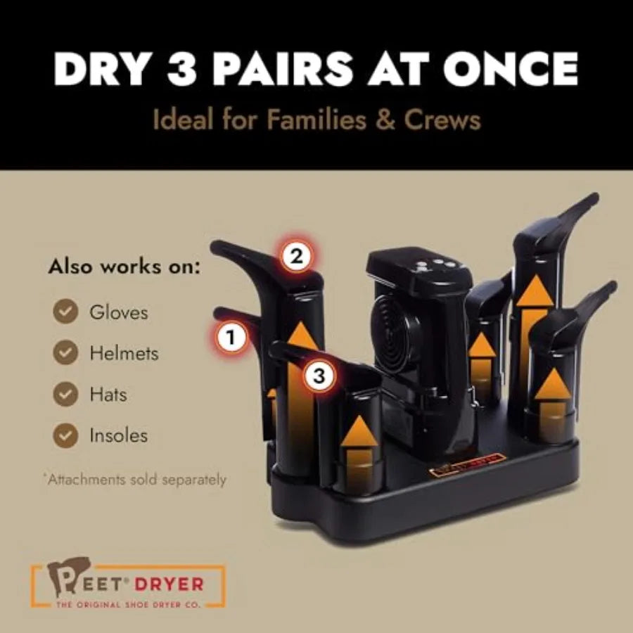 Heated family dryer for 3 pairs of boots and shoes, PEET, black, rapid drying with even heat distribution