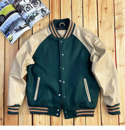 Premium Sheepskin Leather Baseball Jacket Men's Loose Fit Retro Style Wool Blend Outerwear Youthful Casual Winter Coat