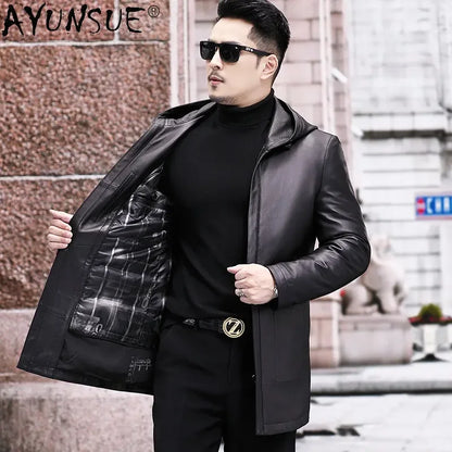 AYUNSUE Winter Jacket Men's Genuine Leather Coats Men Hooded Midi-length Windbreaker Trench Coat Male Real Leather Down Jacket
