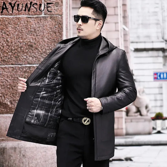 AYUNSUE Winter Jacket Men's Genuine Leather Coats Men Hooded Midi-length Windbreaker Trench Coat Male Real Leather Down Jacket