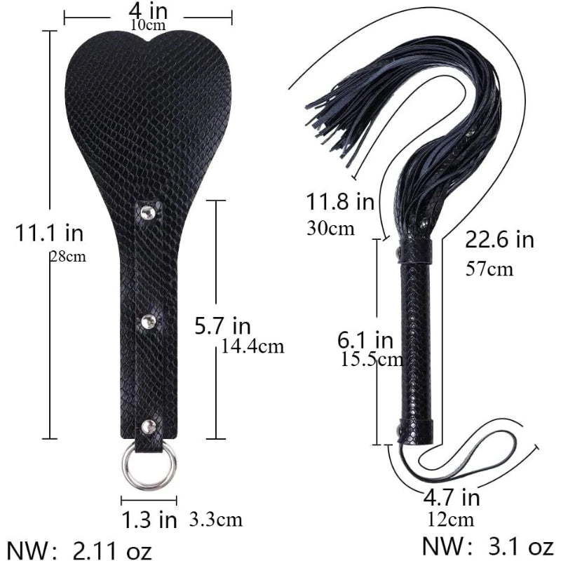 BDSM Bondage Kit for Couples, Heart Shaped Spanking Paddle & Tassel Whip 2 Piece PU Leather Set, Beginner SM Adult Sex Toys for