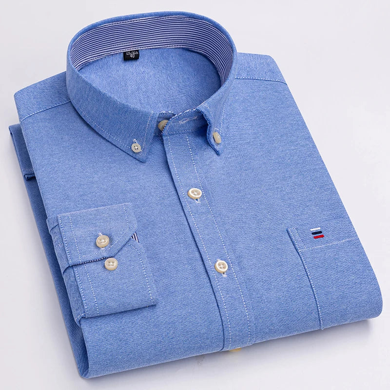 Quality 100% Cotton Oxford Shirt For Mens Long Sleeve Casual Business Regular-Fit Formal Dress Shirts Social Blouse Male Clothes