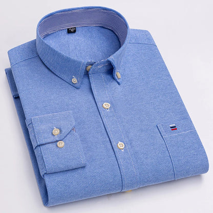 Quality 100% Cotton Oxford Shirt For Mens Long Sleeve Casual Business Regular-Fit Formal Dress Shirts Social Blouse Male Clothes