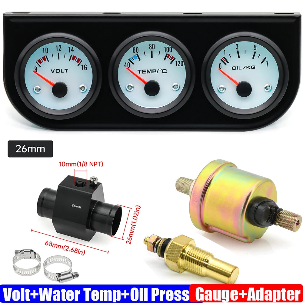 3IN1 Triple Meter Kits Gasoline Car 12V 52mm Voltage+Water Temp+Oil Pressure Gauge with Sensor Radiator Hose Adapter 26MM-40MM
